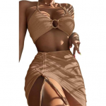 3 tk/komplekt naiste bikiinikomplekt &uuml;hev&auml;rviline p&auml;itsetega metallr&otilde;ngas seljata polsterdatud traat L kerge kohvi v&auml;rv