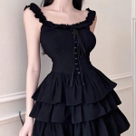 2024. aasta kevadine Lolita Kawaii libisemiskleit Pehme t&uuml;druk, Goth Harajuku, seljatu, seksikas musta volangidega peokleit Y2k S must