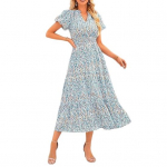 Naiste kleit V, suur, lilleline, mullidega varrukas, v&auml;ikese kaelusega, l&uuml;hikese tr&uuml;kiga A-joon k&otilde;rge v&ouml;&ouml;koht S punane