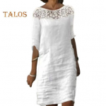 Naiste suvekleit &otilde;&otilde;nsa lillega aplikatsioon poolvarrukaga kael &uuml;hev&auml;rviline p&otilde;lvepikkus avar kohtingule midi kleit M valge