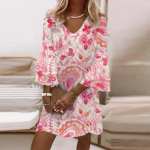 S-5XL Paisley Print kihiline kleit, V kaelusega laienev varrukatega kleit puhkusele, naiste riided 4XL Heleroosa