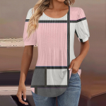 Naiste puhvis l&uuml;hikeste varrukatega tuunikatopsid, plisseeritud kaelusega pluusid vabaaja kevadsuvised T-s&auml;rgid L sinine