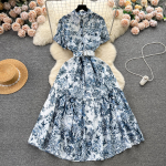 Prantsuse retroprinteriga Elegantne Kleit Naiste S&auml;rk Kaelus Rinnaga v&ouml;&ouml;koht Kallistavad Salendavad Kleidid Elegantsed Keskmise pikkusega Puhkuseriided Trendikad M tumesinine v&auml;rv