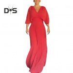 Naiste &otilde;htukleit Dolmani varrukatega plisseeritud V kaelus, puhas v&auml;rvi k&otilde;rge &otilde;huke v&ouml;&ouml;koht t&auml;ispikk peokleit ballile XL punane