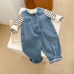 Kevadine Beebi Denim Romper Komplekt V&auml;ikelaps Poiss T&uuml;druk Varrukateta Kombinesoon + Triibulised Topid 2tk &Uuml;likond V&auml;ikelapse T&ouml;&ouml;riided Komplektid 100 sinine