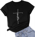 Faith Letter Print Cotton Tee &ndash; naiste Euroopa/Ameerika suurusega top &ndash; &Uuml;mara kaelusega l&uuml;hikeste varrukatega &ndash; V&auml;liskaubanduse koha disain. L must