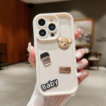 Armas 3D Bear Coffee Cartoon silikoon&uuml;mbris iPhone 16 pluss 15 12 11 13 14 Pro Max X Xs Xr 15pro 14pro 16plus pehme matt kate For iPhone 16 valge