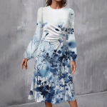 Naiste moodne vabaajaprinteriga &uuml;mara kaelusega pikkade varrukatega midikleit L sinine