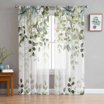 Abstraktsed salveirohelised lehed, oksad, &otilde;hukesed kardinad elutoa kaunistamiseks, aknakardinad, k&ouml;&ouml;gi t&uuml;llvoileekardinad W135 x H115cm x1