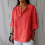 Uued suvised topid &Uuml;hev&auml;rvilised lahtised V-kaelusega vabaaja s&auml;rgid Naiste puuvillased ja linased kolmveerand varrukatega pluss suuruses pluusid Naiste elegantsed slim-fit pullover-s&auml;rgid 26456 3XL punane