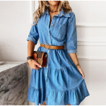 Elegantne kraega &uuml;he n&ouml;&ouml;pidega kampsunkleit Naiste pikkade varrukatega pidulik mugav vabaaja A-l&otilde;ikeline kleit Trendikas t&auml;navamood S helesinine v&auml;rv