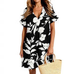 Naiste vabaaja moekleit Vintage lilleline l&uuml;hikeste varrukatega V-kaelusega kleit L must