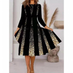 Moodne naiste tr&uuml;kitud Swing Midi Kleit Vabaaja Pullover Peo Suures Suuruses kleidid Elegantne &uuml;mara kaelusega A-joonega kleit XL kuld