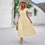 Suvine Naiste Vabaaja V-kaelusega Slim K&otilde;rge V&ouml;&ouml;kohaga A-l&otilde;ikeline Pikk Kleit &Uuml;hev&auml;rviline Kihiline L&uuml;hikeste Varrukatega Lootoselehega Kevad S-XL XL aprikoosi