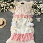 Magus Prantsuse stiilis keep varrukate tr&uuml;kiga komplekt kampsun pitsiga lapitehnika kitsas volangidega kleit plisseeritud trikotaaž seenekarv &uuml;likond Mujer One Size roosa