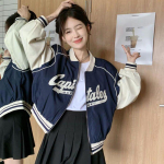 Harajuku mood k&auml;rbitud pesapallijope naiste &uuml;lisuure t&otilde;mblukuga Korea t&auml;navar&otilde;ivad l&uuml;hikesed jakid Y2k pommijope S sinine