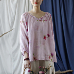 Johnature naiste vintage roosa mustriga lillelised T-s&auml;rgid V-kaelusega Ramie S&uuml;gis T-s&auml;rgid Lahtiste varrukatega riided Pehmed T-s&auml;rgid One Size roosa