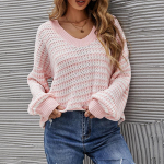 V-kaelusega kootud vabaaja triibuline sviiter, naine S roosa