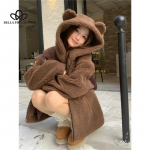 S&uuml;gis-talv uus &uuml;hev&auml;rviline pl&uuml;&uuml;sis kapuutsiga puuvillase polsterdatud mantel vabaaja armas magus lahtine soe puuvillase polsterdatud mantel onesize must