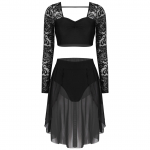 Naiste l&uuml;&uuml;riline tantsukost&uuml;&uuml;m, pitsvarrukad, k&auml;rbitud sifonki, seelikuga trikoo, kaheosaline riietus XL must