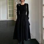 Vintage must kleit naiste s&uuml;gistalv Elegantne &otilde;huke &otilde;&otilde;nsaga kootud pikkade varrukatega O-kaelusega pikad kleidid kontoridaam S must