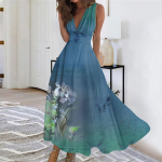 Naiste pikk kleit Maxi kleit vabaaja kleit Suvine vabaaja varrukateta V kaelus Boho v&ouml;&ouml;koht Retrotr&uuml;kiga kleit L pronksi