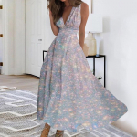 Naiste pikk kleit Kleit vabaaja kleit Swing Kleit Lilleline kleit Lilleline mood T&auml;navar&otilde;ivad &otilde;ues Igap&auml;evane kuup&auml;evaprint Varrukateta V-kaelusega kleit XXXL