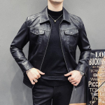 Vabaaja nahktagi Meeste vedurjakk Slim Fit Korea versioon Lapel Meeste PU-nahkjakk M