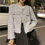 Prantsuse seltskonnadaami tviid l&uuml;hike jakk naiste kevaddisain v&auml;ikese l&otilde;hnaga pikkade varrukatega kardigan temperament salendav top L