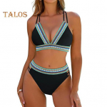 Naiste k&otilde;rge v&ouml;&ouml;kohaga bikiinikomplekt, v&auml;rviline kaheosaline ujumistrikoo, V-kaelusega, risti-r&auml;sti seljaga, &uuml;lemised alusp&uuml;ksid, ujumisriided rannapuhkuseks, basseini jaoks S armee roheline v&auml;rv