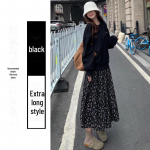 Prantsuse lilleline k&otilde;rge v&ouml;&ouml;kohaga seelik: Salendav must A-l&otilde;ikeline midi kleit naistele - kevad 2025 v&auml;ljaanne S