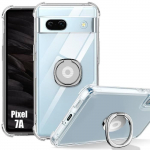 Coque Silicone pour Google Pixel 7a, Antichoc Transparent avec Support Bague Argent&eacute; R&eacute;glable
