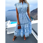 Valge pitsiga &otilde;mblustega v&auml;ljal&otilde;igetega pikk kleit naistele suvine tikandiga maksikleit vintage varrukateta k&otilde;rge v&ouml;&ouml;kohaga s&auml;rk kleit femme M sinine