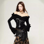 Grunge Aesthetics Kootud topid Vintage Off Shoulder Tattoo Print T-s&auml;rk Wasteland Punk Black Ribbed Tee s&auml;rk Gothic S