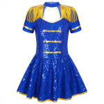 Girls Honor Guard Circus Dress Costumes Shiny Sequin Gold Tassel Epaulets Built in Briefs Performance Wear 15-16 Years punane