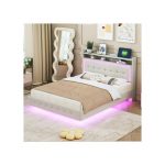 Polsterdatud voodi - MUVOE - 140x200 cm - USB-pistikupesa - LED-valgustus - Beež linane kangas beež