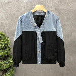 Uus Meeste Kevad-S&uuml;gis Patchwork V-kaelusega Nuppudega Tasku Moodne Trend Minimalistlik L&otilde;tv Vabaaja Pikkade Varrukatega Denim Jakk XL must