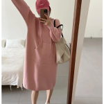 S&uuml;gis- ja talvine naiste kampsun Kleit Keskmise pikkusega kapuutsiga kootud kleidid Mood vabaaja dressipluusi taskud Prantsuse plusssuuruses kampsunkleidid One Size roosa