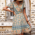 Naiste vintage Bohemia suvekevadised lillemustriga l&uuml;hikeste varrukatega V-kaelusega vabaajakleidid k&otilde;rge v&ouml;&ouml;kohaga S aprikoosi