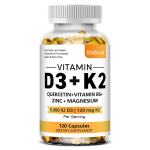 D3+K2 vitamiini toidulisand, koos kvertsetiini, B6-vitamiini, tsingi, magneesiumiga 120 Capsules white
