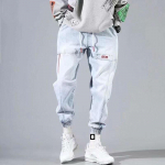 Must Sinised Streetwear Hip Hop Cargo P&uuml;ksid Meeste teksap&uuml;ksid Elastsed Kottis Harem P&uuml;ksid Meeste Spordi Jooksikud Korea Mood Pahkluul Kummin&ouml;&ouml;riga Denim S sinine