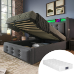 Polsterdatud Voodi 90x200, &Uuml;heinimesevoodi LED-peatsiini ja USB C laadimisfunktsiooniga, H&uuml;drauliline Voodi, Kandev&otilde;ime 150 kg, Hall, Puuvill (Madratsiga) 220 x 91 x 109 cm hall