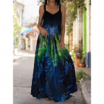 Naiste mood vabaaja V-kaelusega tr&uuml;kitud Swing Sling Boho lahtine suvine varrukateta &otilde;lgadeta rannakleit plusssuuruses pikk kleit 2XL must