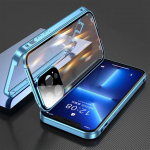 360 t&auml;ieliku kaitsega metallist magnetiga kahepoolne klaas&uuml;mbris IPhone 14 12 11 Pro 13 Max Plus objektiiviga kaamera kaitsekate For iPhone13 sinine