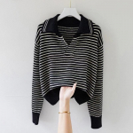 Pullover Autumn Academy stiilis kootud polo-kaelusega kampsun, naiste 2023 Korea versioon, uus avar mitmek&uuml;lgne triibuline pullover Swwater One Size must