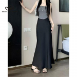 Suvine uus satiinist tippklassi kalasaba seelik Korea stiilis k&otilde;rge v&ouml;&ouml;kohaga &uuml;hev&auml;rviline elegantne pikk seelik S must