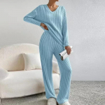 S&uuml;gisene V-kaelusega pikkade varrukatega pluus ja p&uuml;ksid, naiste vintage sirged p&uuml;ksid, triibuline kootud pullover, kaheosaline komplekt, komplektid 29772 XS must