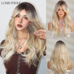LOUIS FERRE blond plaatinaparukas naistele pikkade lokkis s&uuml;nteetiliste tukkidega juustega Wave Parukad tumedate juurtega naturaalsetele juustele igap&auml;evaseks kasutamiseks