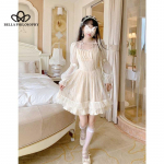 Kevad-suvi prantsuse stiilis retropits, puhvis varrukas, pikkade varrukatega pits Kahekihiline volangidega seelik, liibuv v&ouml;&ouml;koht salendav kleit S beež