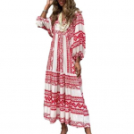 Naiste V-kaelusega 3/4 puhvis varrukatega maksikleit Bohemia lilleprinteriga &otilde;mblemine l&auml;bivoolav &auml;&auml;ris, vaba istuvusega pikk rannakleit vabaaja kleit L roheline